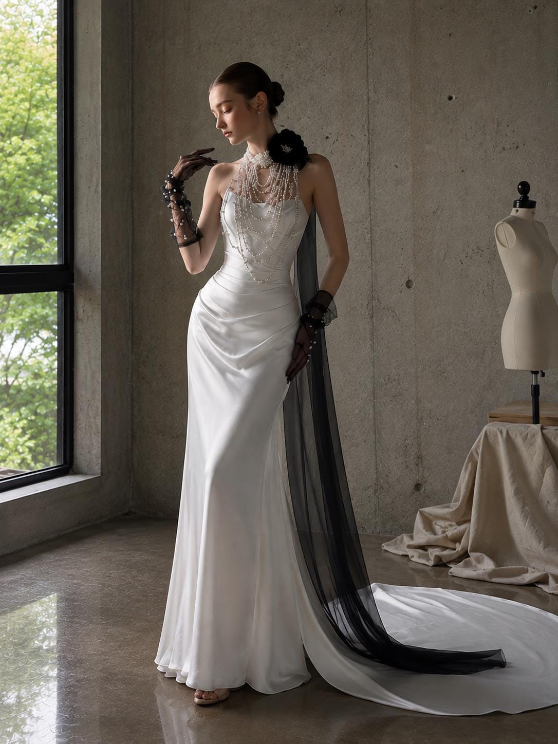 Pearl Satin Mermaid Wedding Dress with Black Floral Accents