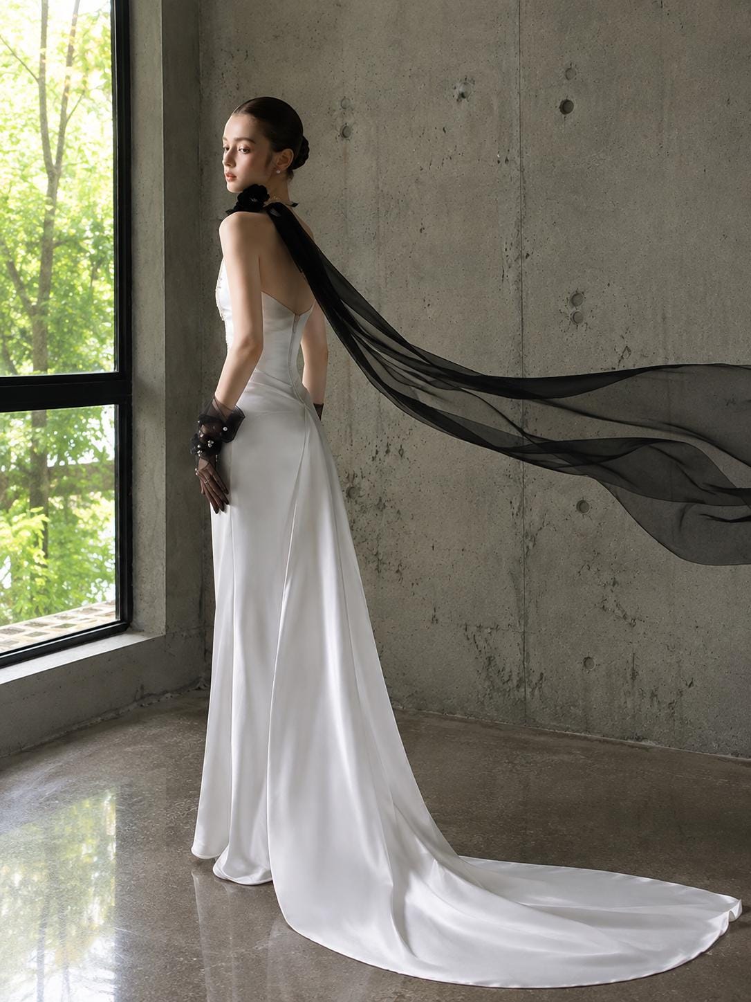 Pearl Satin Mermaid Wedding Dress with Black Floral Accents