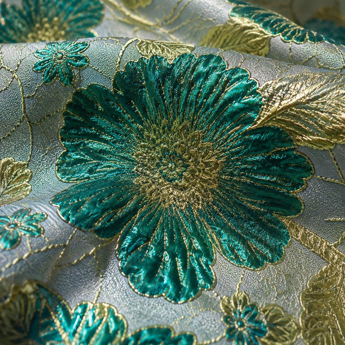 Metallic Floral Jacquard Fabric, Green Brocade Material by Yard, Designer Fabric for Wedding Dress, Corset, Luxury Home Decor