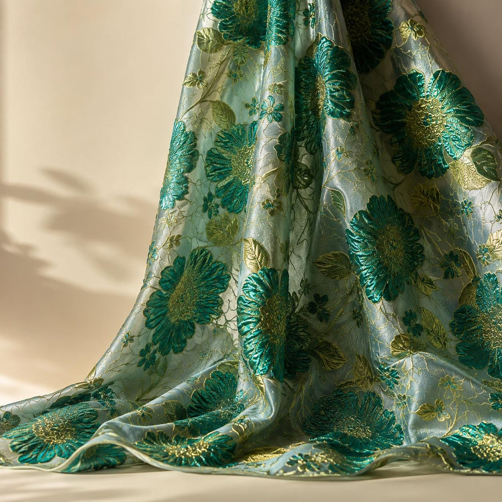 Metallic Floral Jacquard Fabric, Green Brocade Material by Yard, Designer Fabric for Wedding Dress, Corset, Luxury Home Decor