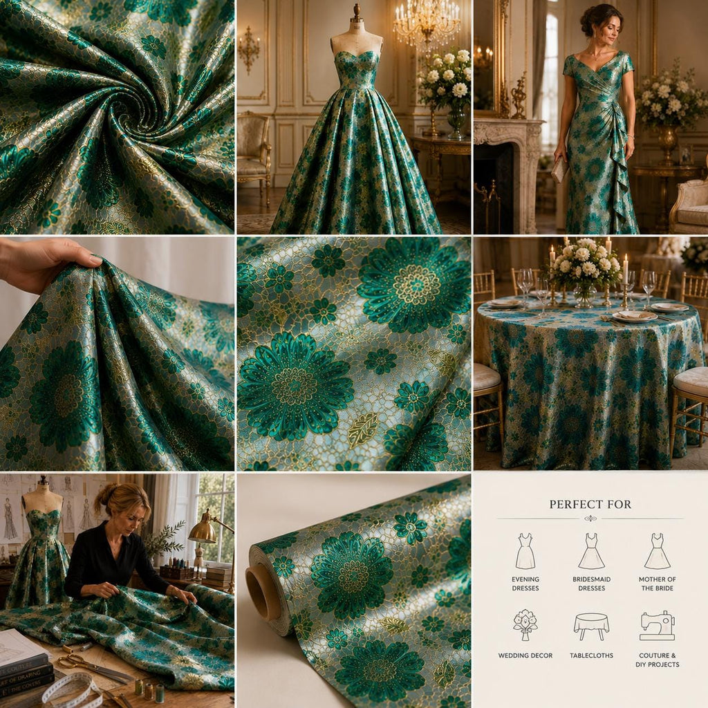 Metallic Floral Jacquard Fabric, Green Brocade Material by Yard, Designer Fabric for Wedding Dress, Corset, Luxury Home Decor