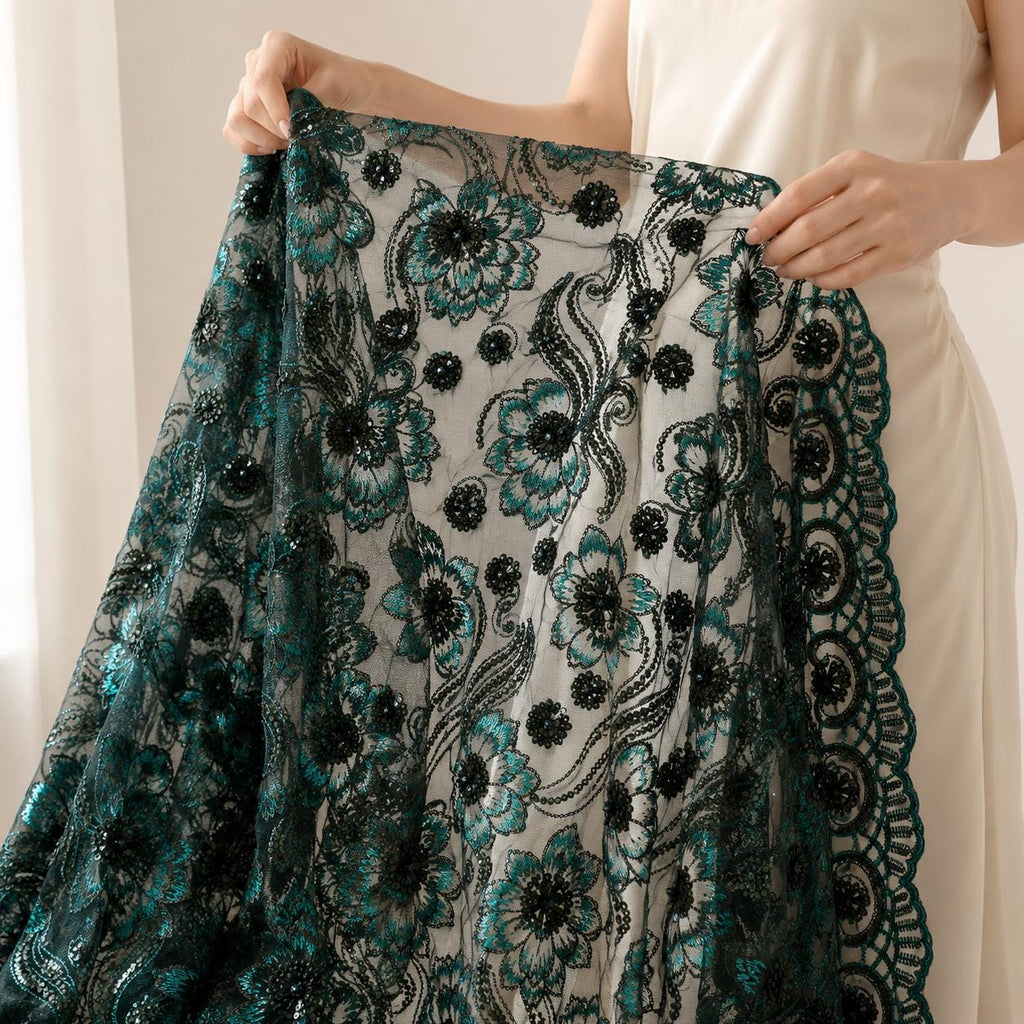 Emerald Sequin Mesh Lace Fabric, Floral Embroidered Lace by the Yard, Prom Dress Lace, Couture Evening Dress Fabric, Beaded Mesh