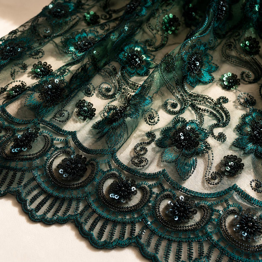 Emerald Sequin Mesh Lace Fabric, Floral Embroidered Lace by the Yard, Prom Dress Lace, Couture Evening Dress Fabric, Beaded Mesh