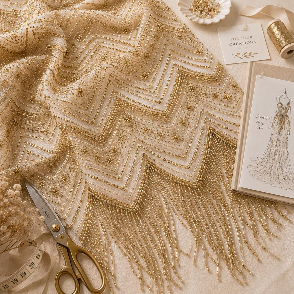 Luxury Couture Beaded Mesh Fabric, Gold Sequin Lace, Heavy Bridal Lace Fabric by the Yard, Designer Wedding Dress Fabric, Fringe Embroidery