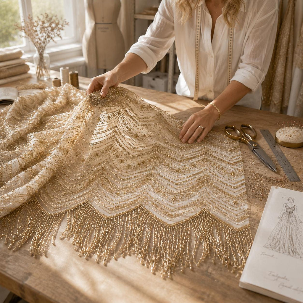 Luxury Couture Beaded Mesh Fabric, Gold Sequin Lace, Heavy Bridal Lace Fabric by the Yard, Designer Wedding Dress Fabric, Fringe Embroidery