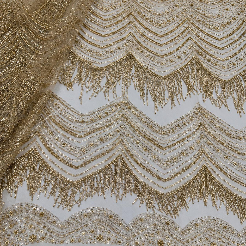 Luxury Couture Beaded Mesh Fabric, Gold Sequin Lace, Heavy Bridal Lace Fabric by the Yard, Designer Wedding Dress Fabric, Fringe Embroidery
