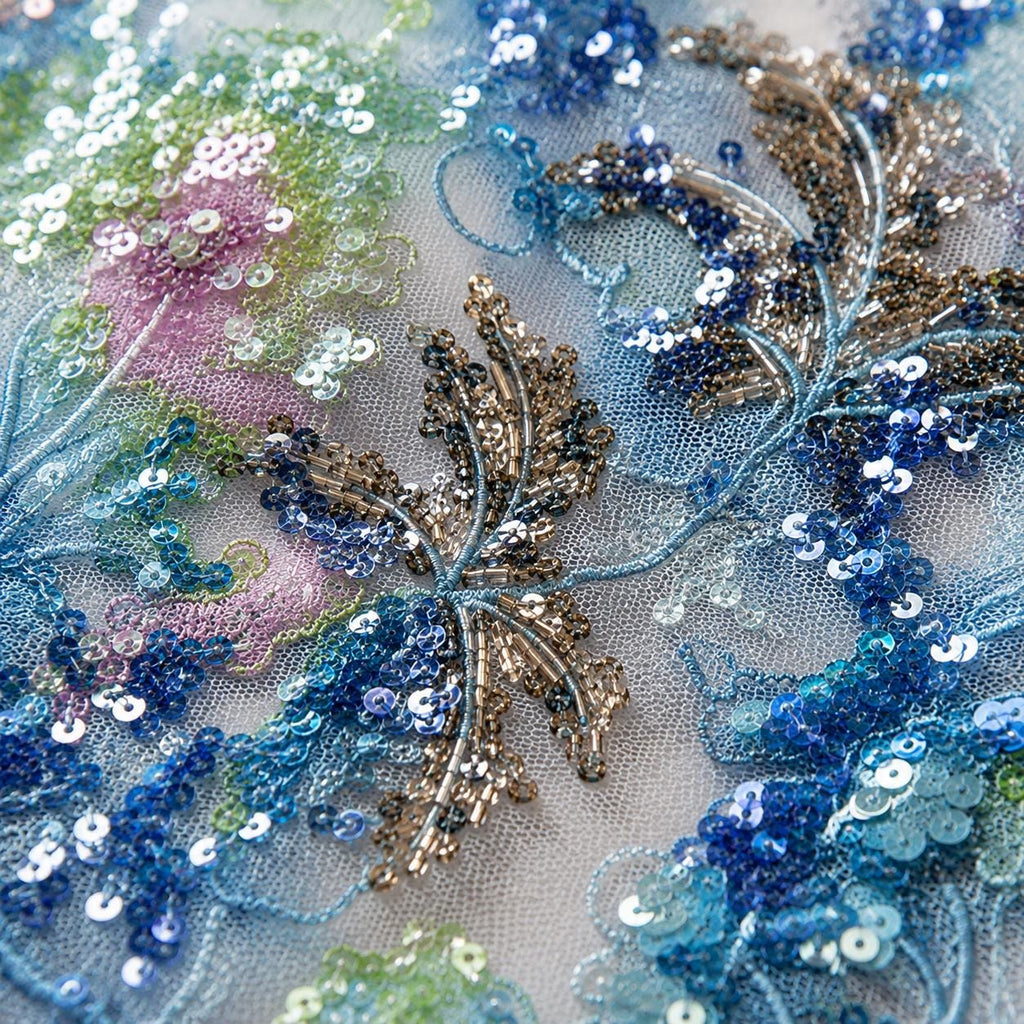 Blue Beaded Lace Fabric by the Yard, Botanical Floral Embroidered Mesh, Luxury Bridal Wedding Dress Fabric, Couture Sequin Lace for Veils