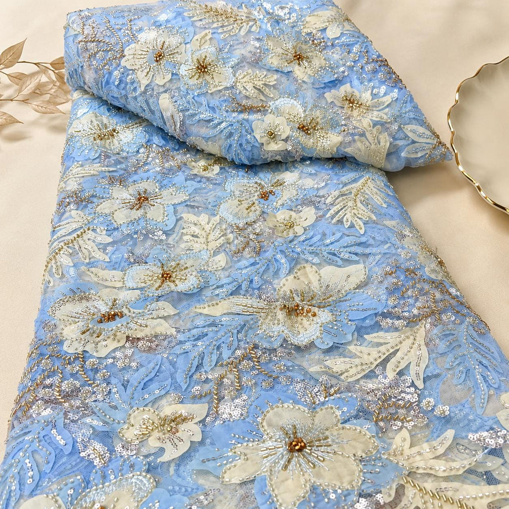 Designer 3D Floral Lace Fabric by the Yard, Heavy Beaded Embroidered Mesh for Couture Dresses, Luxury Bridal Fashion & Runway Designs