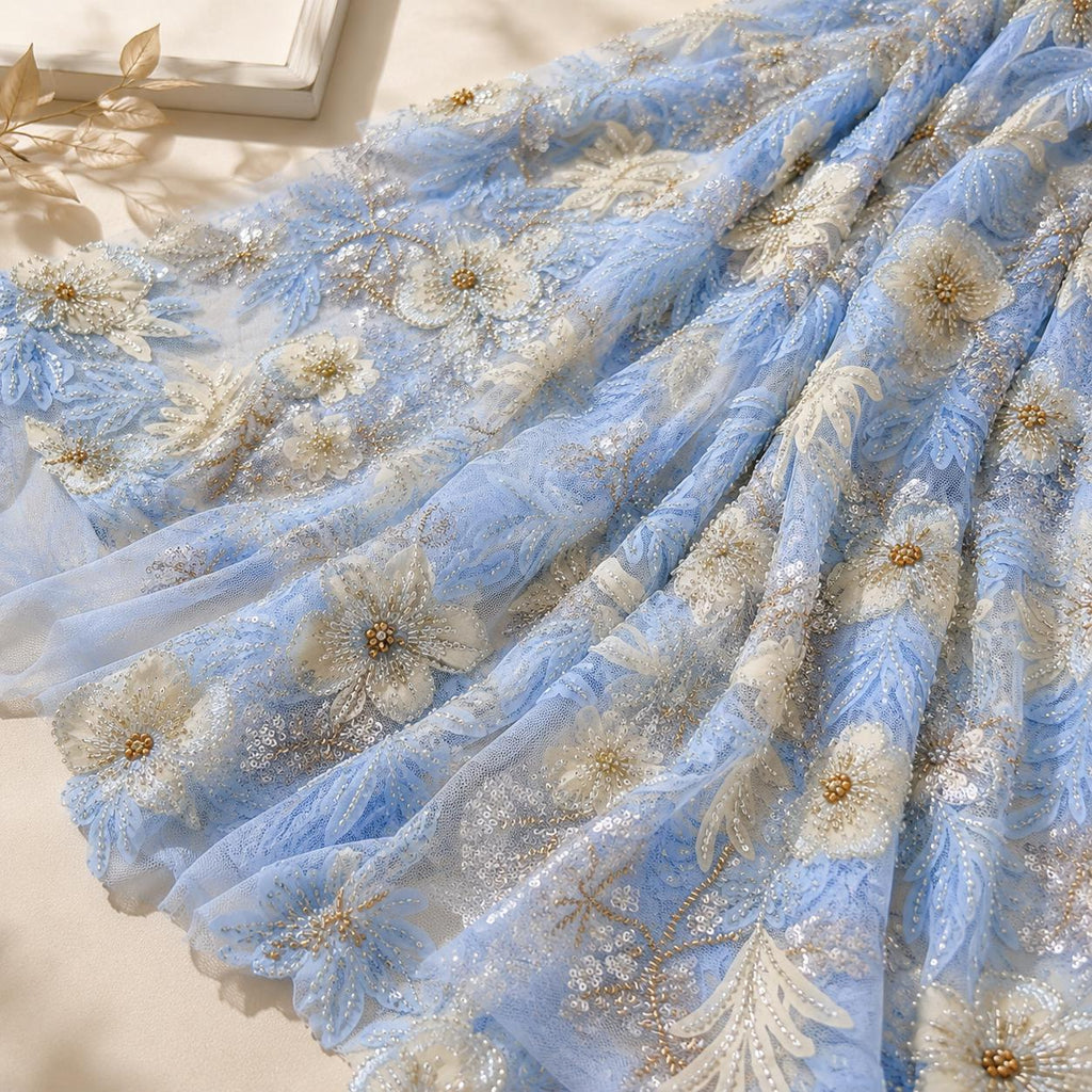 Designer 3D Floral Lace Fabric by the Yard, Heavy Beaded Embroidered Mesh for Couture Dresses, Luxury Bridal Fashion & Runway Designs