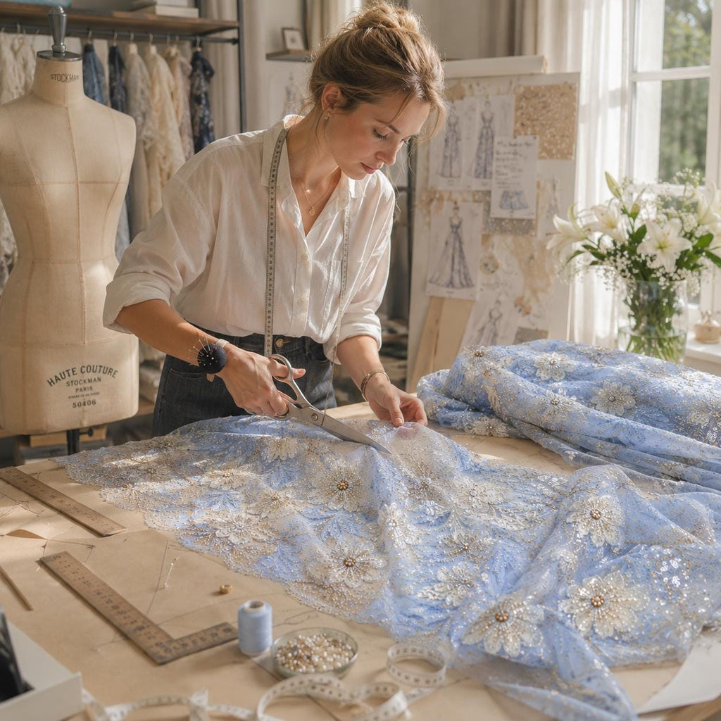 Designer 3D Floral Lace Fabric by the Yard, Heavy Beaded Embroidered Mesh for Couture Dresses, Luxury Bridal Fashion & Runway Designs