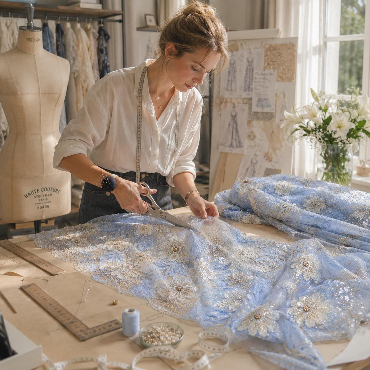 Designer 3D Floral Lace Fabric by the Yard, Heavy Beaded Embroidered Mesh for Couture Dresses, Luxury Bridal Fashion & Runway Designs