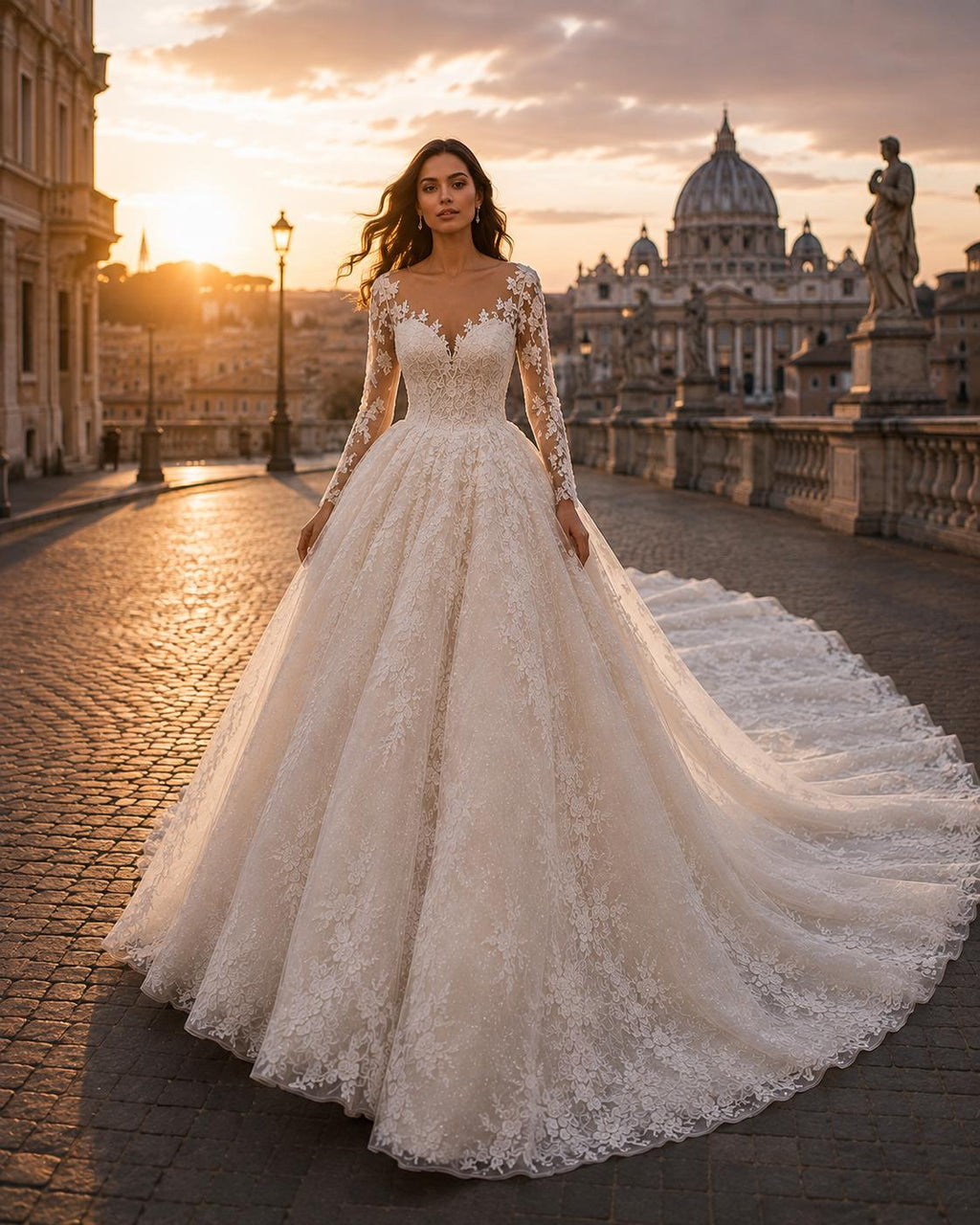 Floral Lace Ball Gown Wedding Dress with Cathedral Train