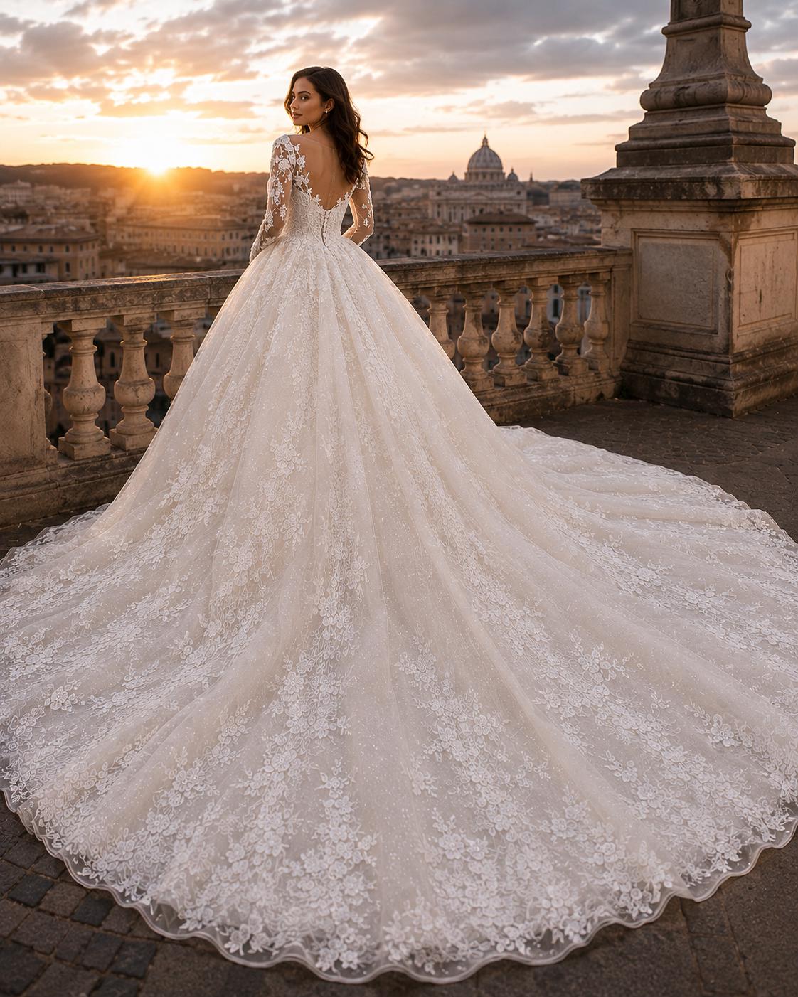 Floral Lace Ball Gown Wedding Dress with Cathedral Train