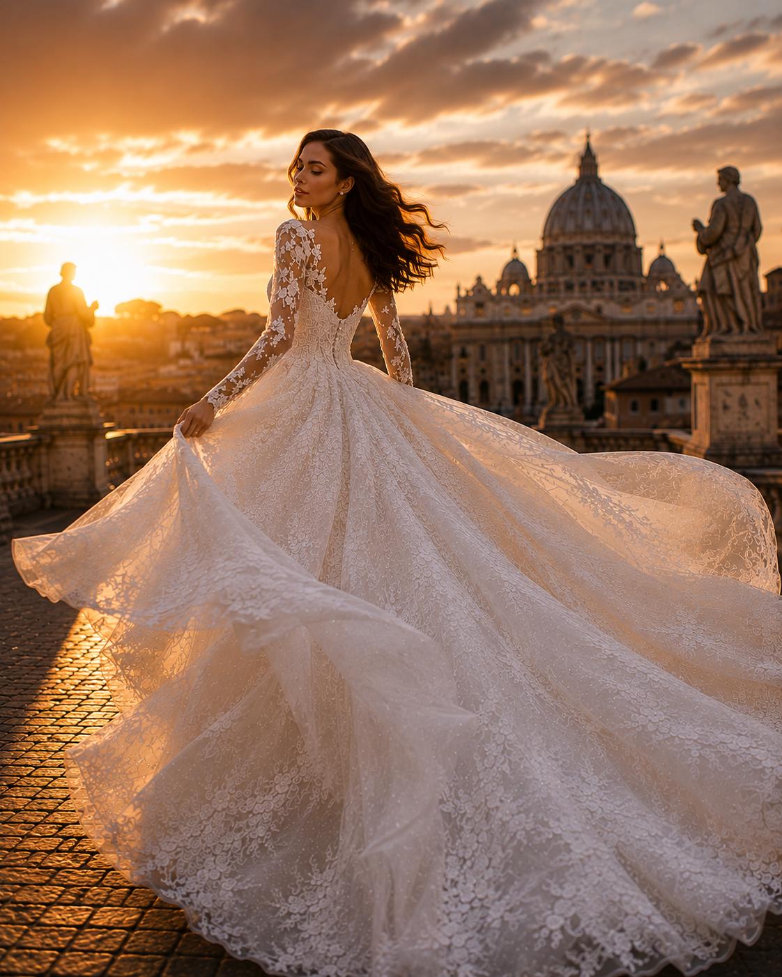 Long Sleeve Lace Princess Wedding Dress with Cathedral Train