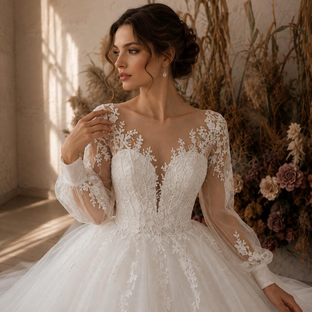 Long Sleeve Lace Ball Gown Wedding Dress with Lace-Up Back