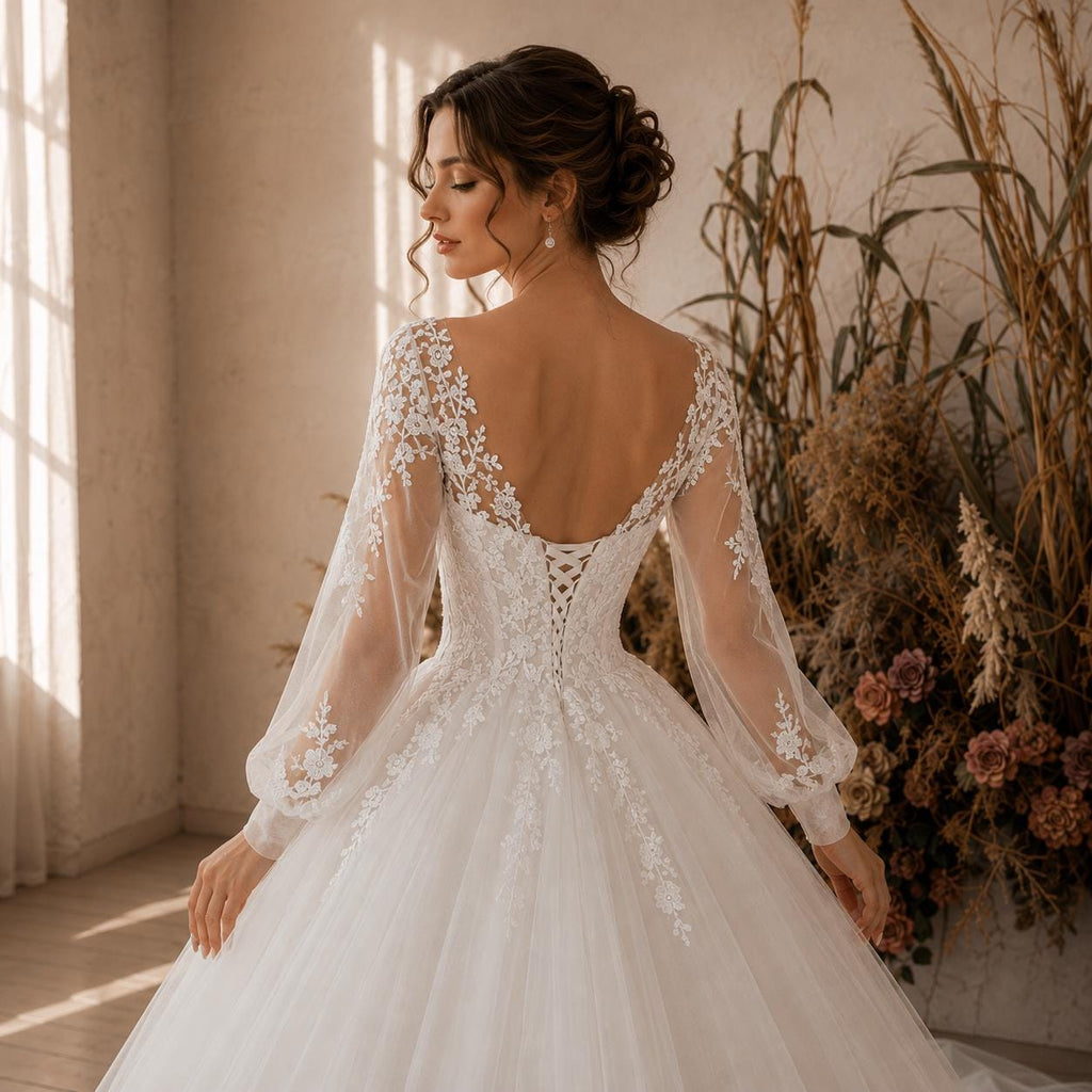 Long Sleeve Lace Ball Gown Wedding Dress with Lace-Up Back