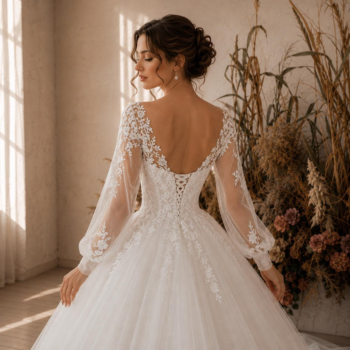 Long Sleeve Lace Ball Gown Wedding Dress with Lace-Up Back
