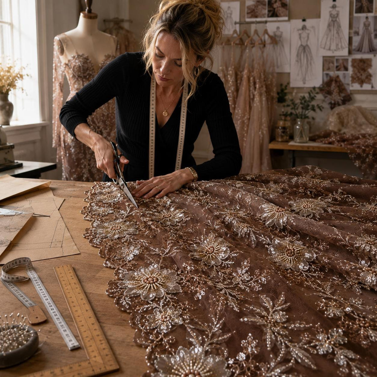 Designer Chocolate Brown 3D Floral Lace Fabric by the Yard, Heavy Beaded Embroidered Mesh for Couture Dresses, Luxury Fashion & Designs