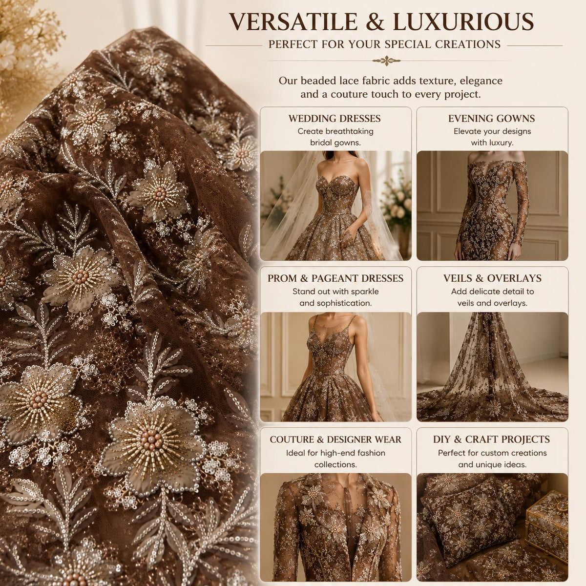 Designer Chocolate Brown 3D Floral Lace Fabric by the Yard, Heavy Beaded Embroidered Mesh for Couture Dresses, Luxury Fashion & Designs