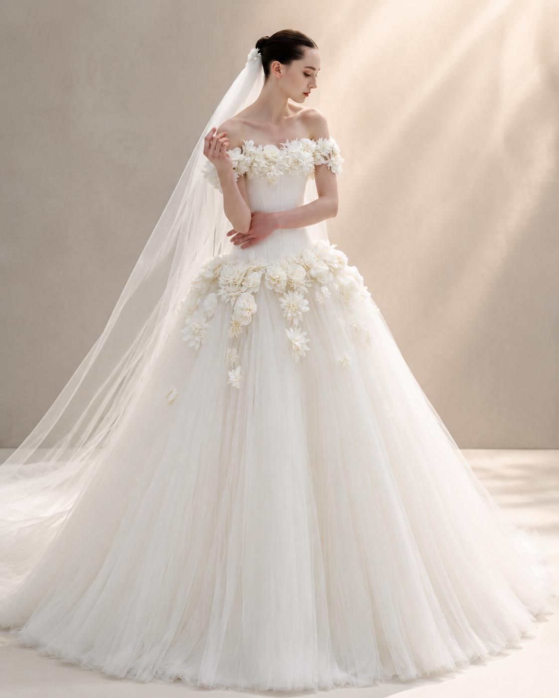Off-the-Shoulder 3D Floral Wedding Dress with Train