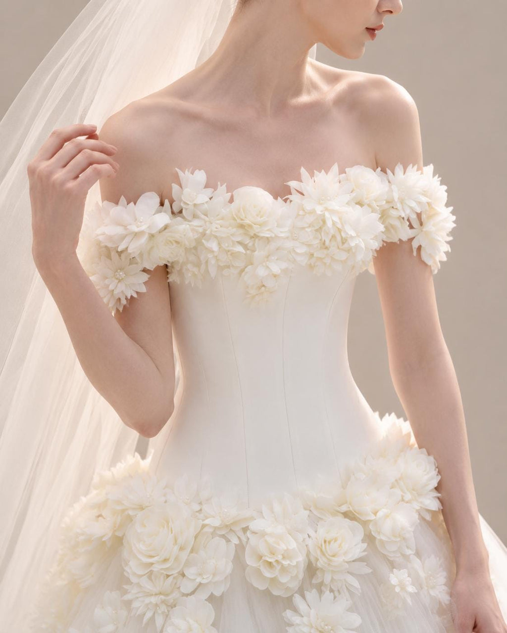 Off-the-Shoulder 3D Floral Wedding Dress with Train