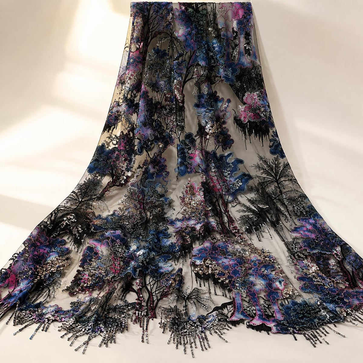 Black Botanical Beaded Lace Fabric by the Yard – Luxury Sequin Embroidered Tulle