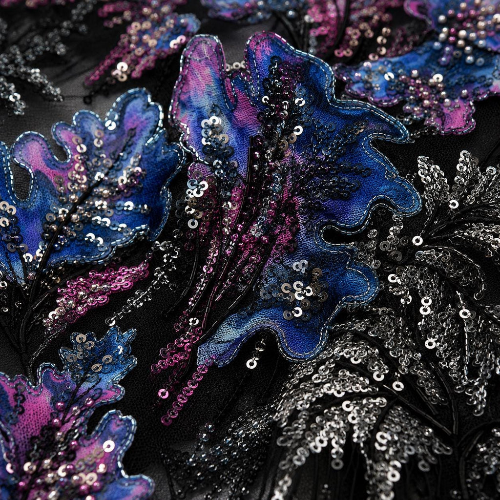 Black Botanical Beaded Lace Fabric by the Yard – Luxury Sequin Embroidered Tulle