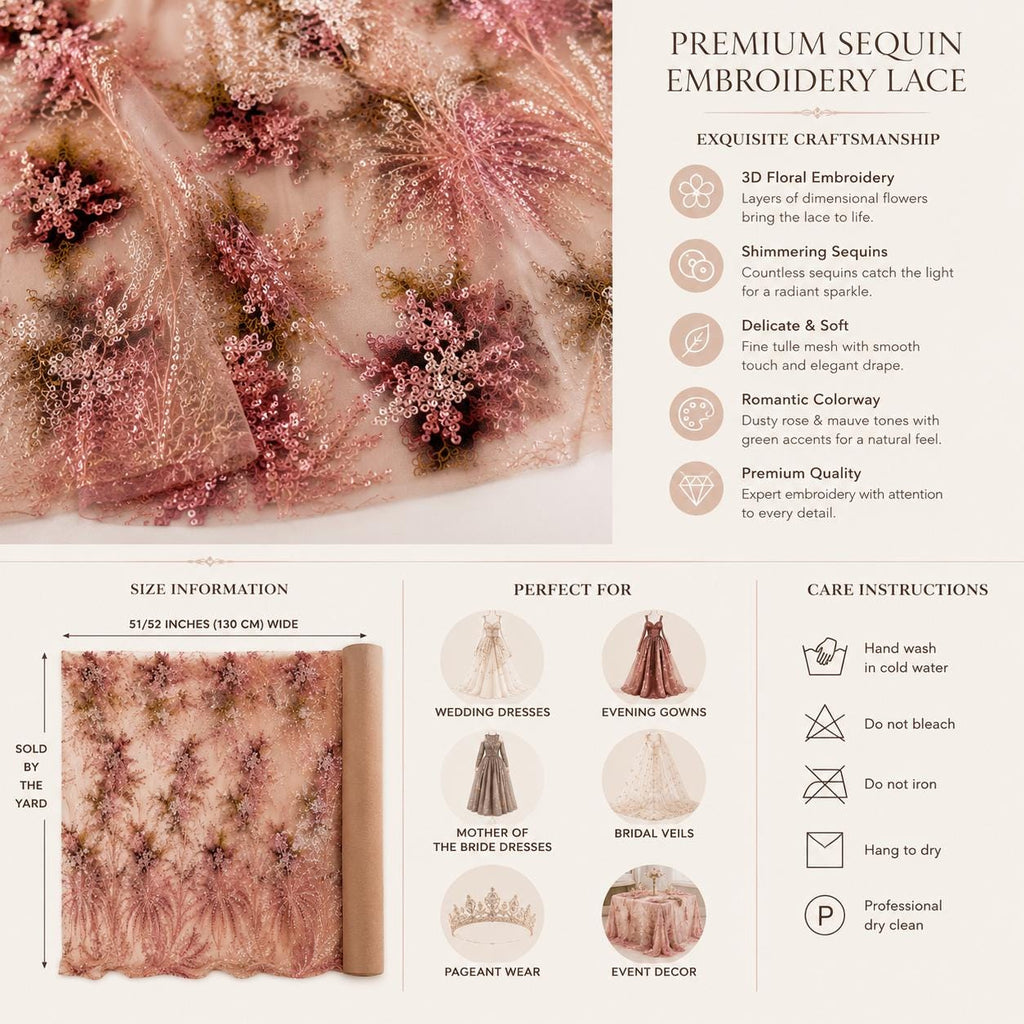 Blush Floral Sequin Lace Fabric by the Yard, Botanical Beaded Mesh for Prom Dress, Garden Wedding Gown, Formal Wear & Luxury Couture Designs