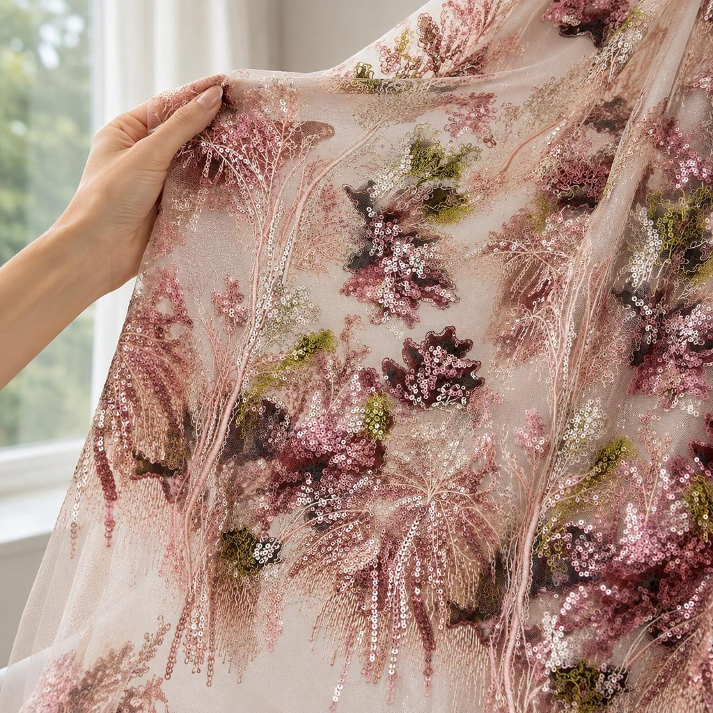 Blush Floral Sequin Lace Fabric by the Yard, Botanical Beaded Mesh for Prom Dress, Garden Wedding Gown, Formal Wear & Luxury Couture Designs