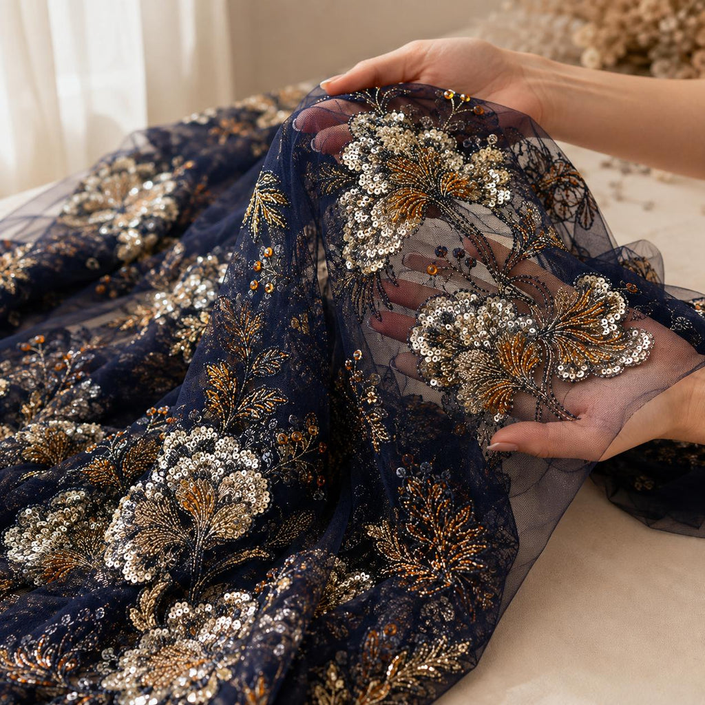 Navy Blue Beaded Lace Fabric by the Yard, Luxury Floral Embroidered Mesh, Couture Bridal Wedding Dress Fabric, Heavy Sequin Lace for Veils