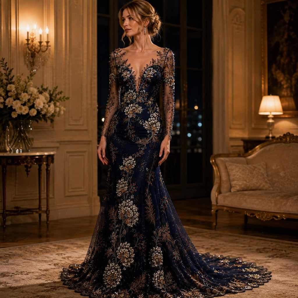 Navy Floral Sequin Lace Fabric by the Yard, Heavy Beaded Mesh for Mother of the Bride Dress, Evening Gown, Formal Wear & Luxury Couture