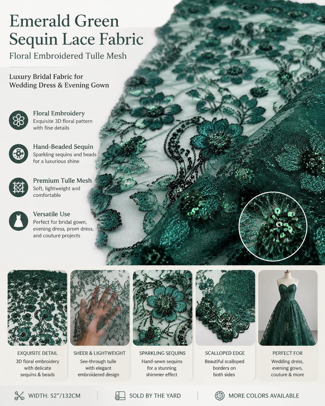 Emerald Green Sequin Lace Fabric by the Yard, Floral Embroidered Tulle Mesh, Luxury Bridal Fabric for Wedding Dress & Evening Gown