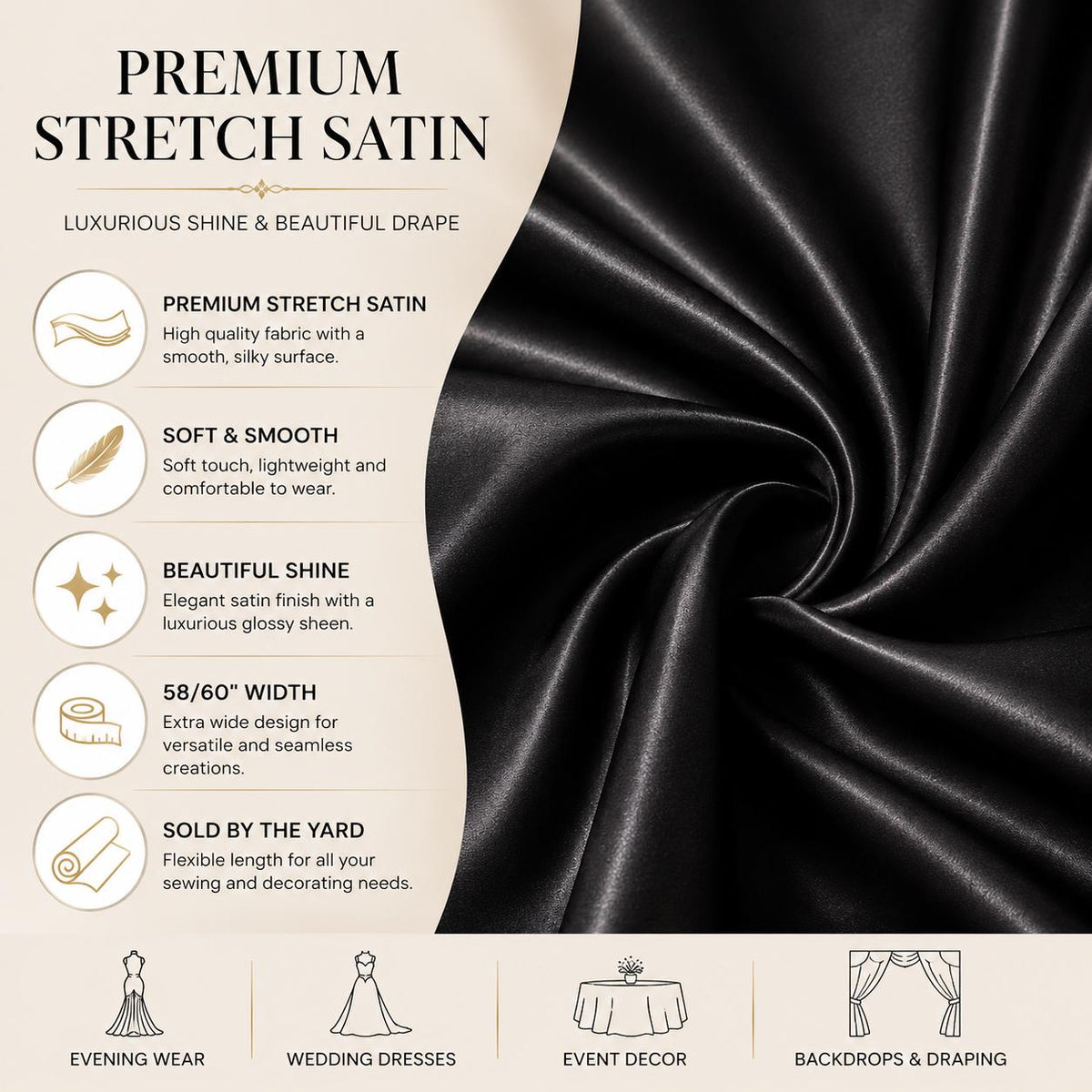 Black Stretch Satin Fabric by the Yard, Luxury Bridal Satin Fabric, Silky Dress Fabric, Wedding Decoration Fabric, Event Draping Fabric