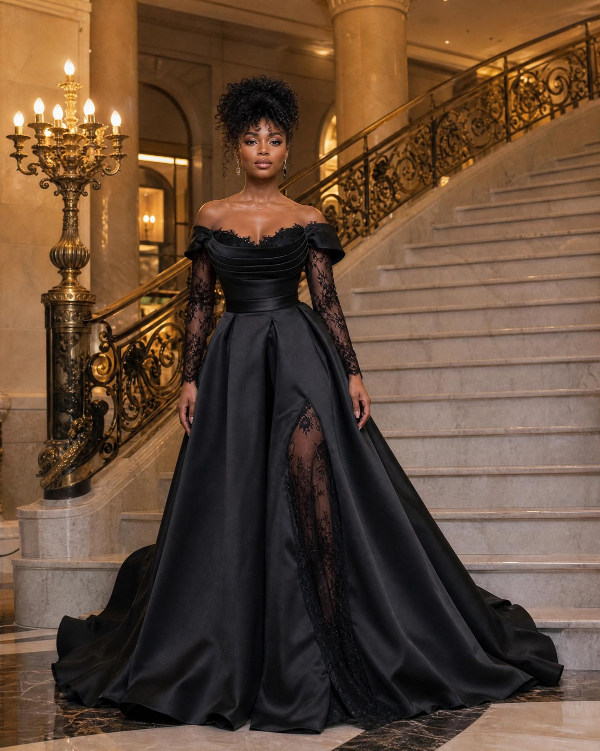 Black Off Shoulder Satin Ball Gown | Lace Sleeve Evening Dress | Elegant Formal Gown with Train | Gothic Wedding Guest Dress | Custom Made