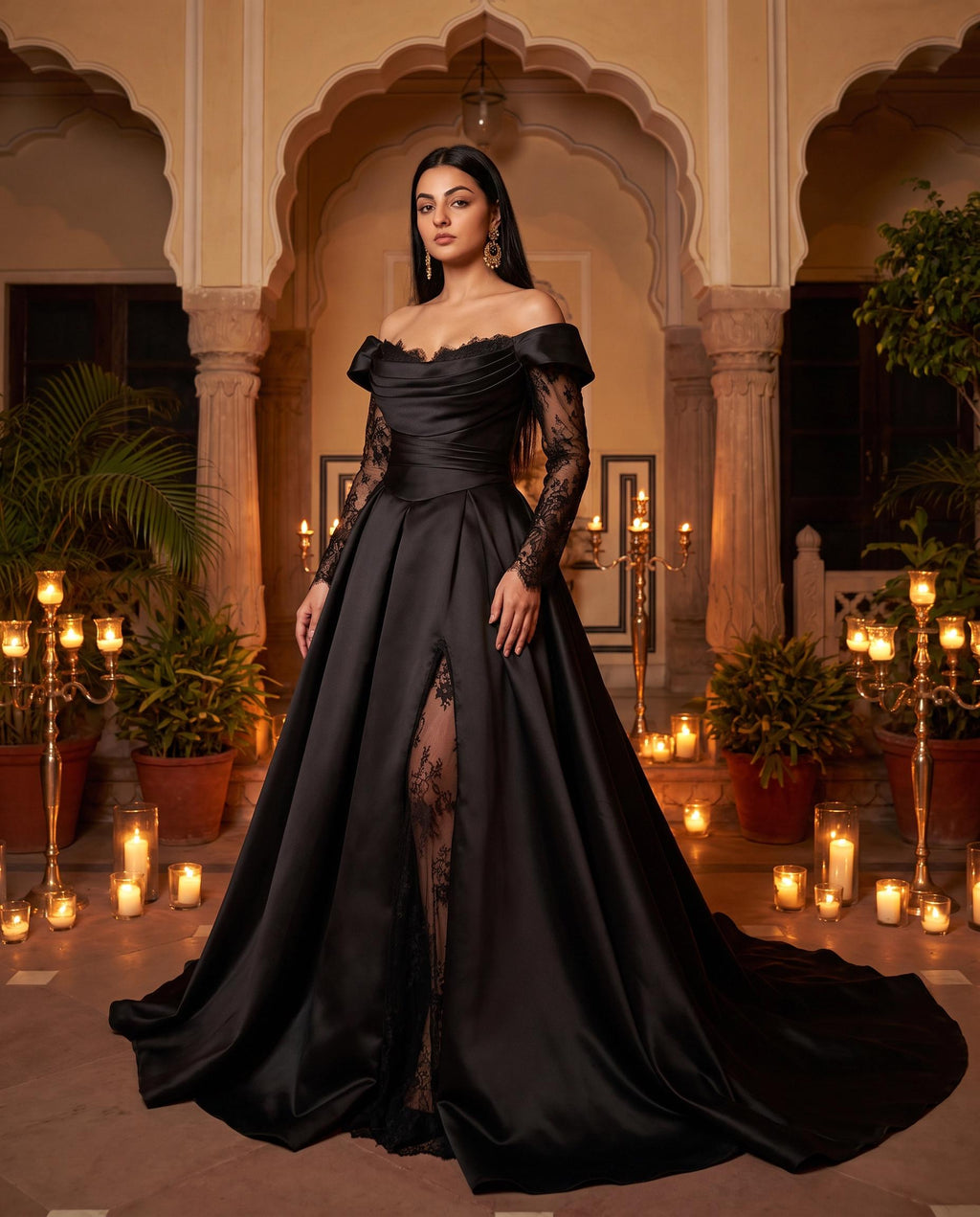 Black Off Shoulder Satin Ball Gown | Lace Sleeve Evening Dress | Elegant Formal Gown with Train | Gothic Wedding Guest Dress | Custom Made