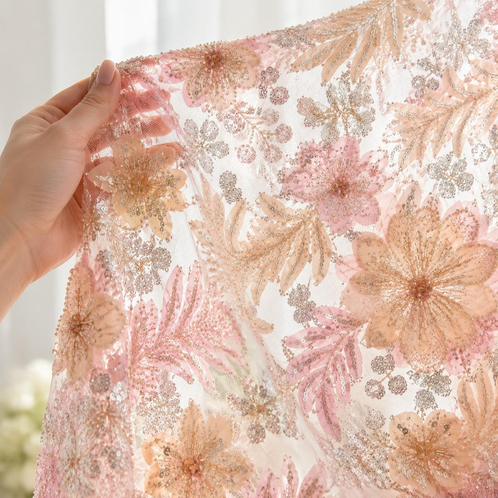 Designer Embroidered Fabric by Yard, Pink Floral Tulle With Beads & Sequins, Premium Couture Fabric, Luxury Evening Dress Material