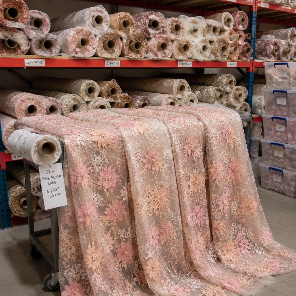 Designer Embroidered Fabric by Yard, Pink Floral Tulle With Beads & Sequins, Premium Couture Fabric, Luxury Evening Dress Material