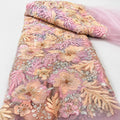 Designer Embroidered Fabric by Yard, Pink Floral Tulle With Beads & Sequins, Premium Couture Fabric, Luxury Evening Dress Material