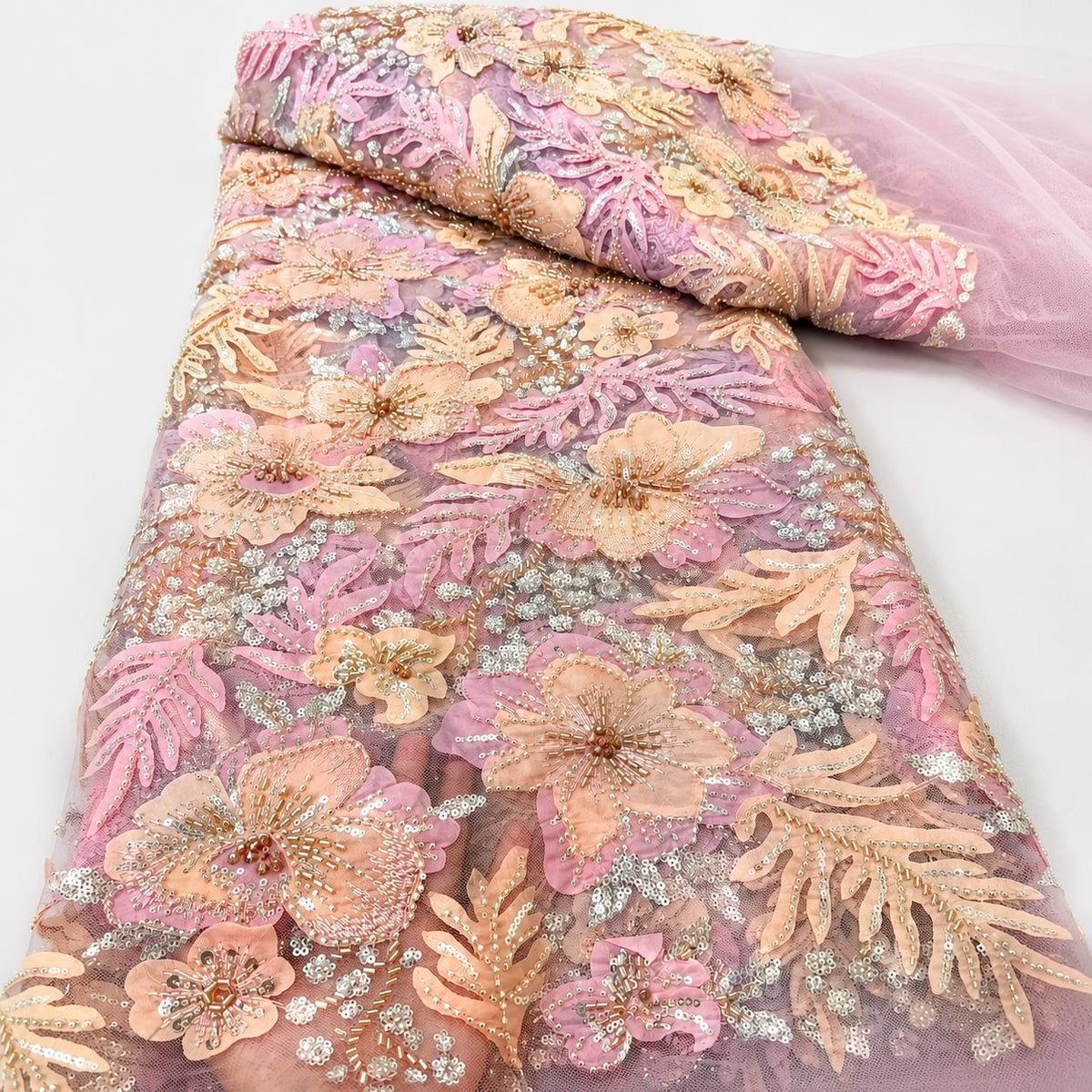 Designer Embroidered Fabric by Yard, Pink Floral Tulle With Beads & Sequins, Premium Couture Fabric, Luxury Evening Dress Material