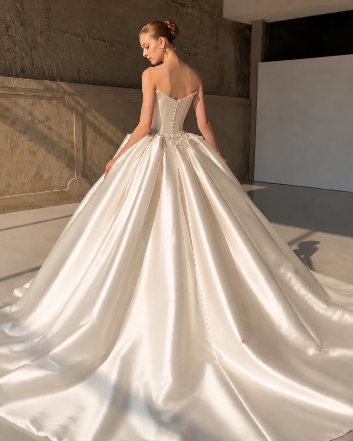 Ivory Satin Ball Gown Wedding Dress with Beaded Waist