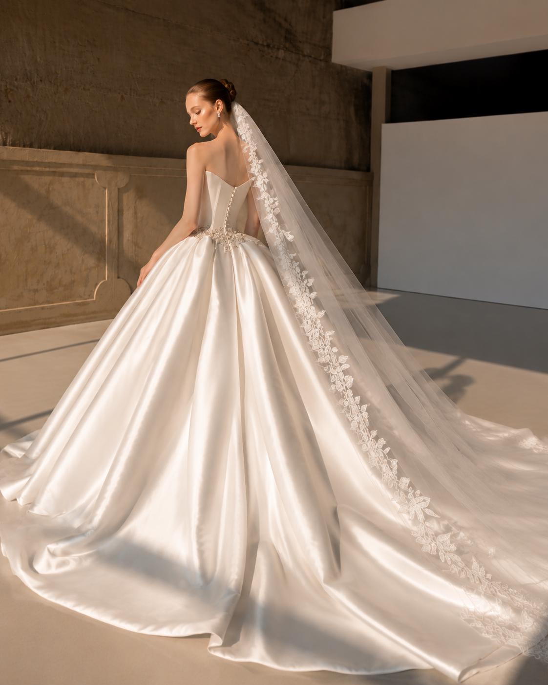 Ivory Satin Ball Gown Wedding Dress with Beaded Waist