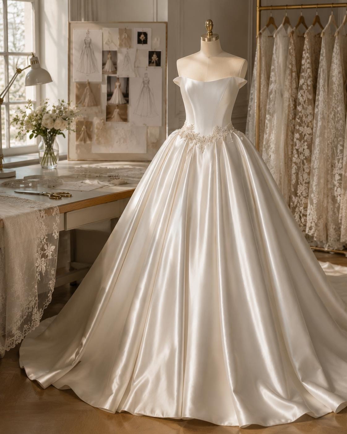 Ivory Satin Ball Gown Wedding Dress with Beaded Waist