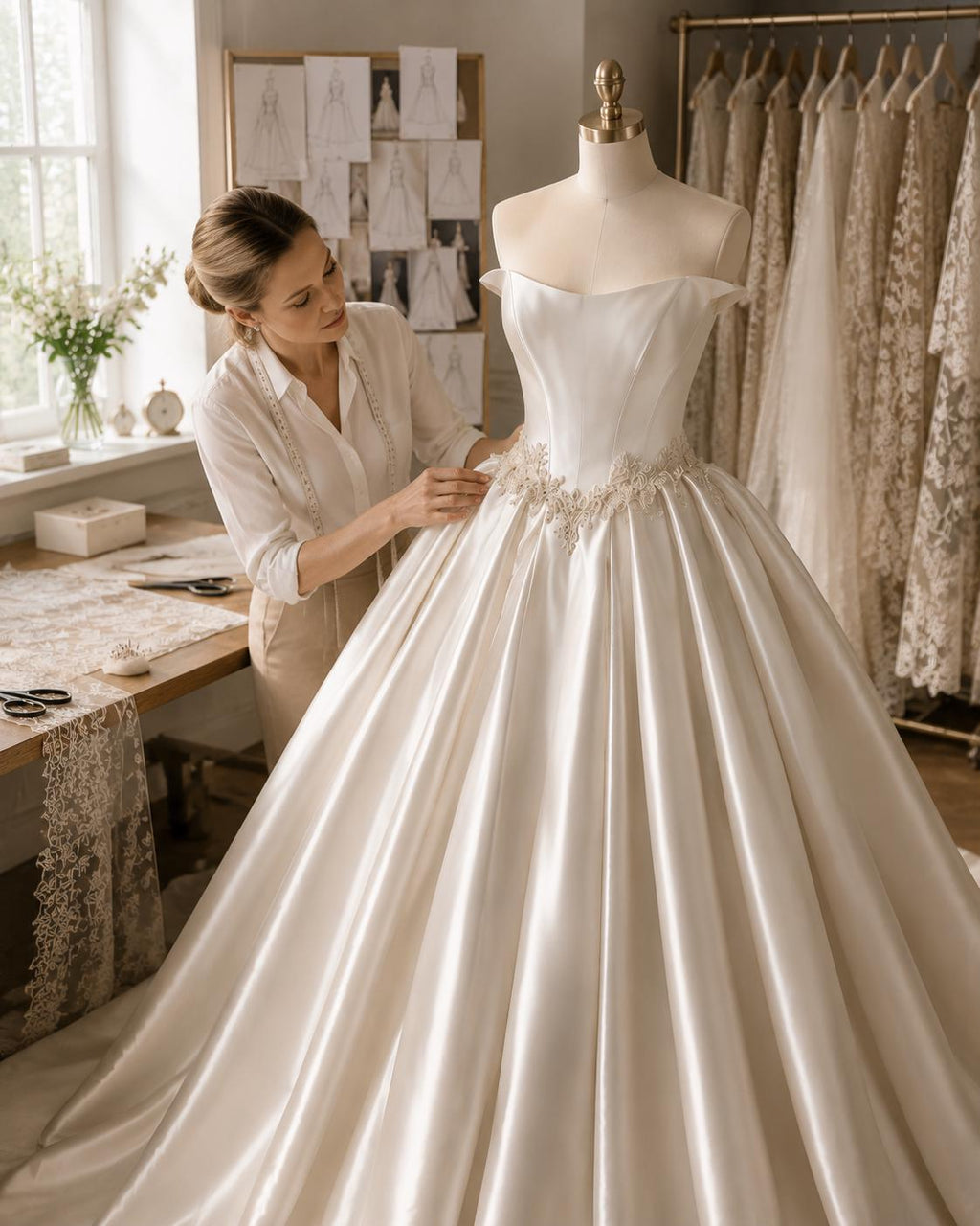 Ivory Satin Ball Gown Wedding Dress with Beaded Waist