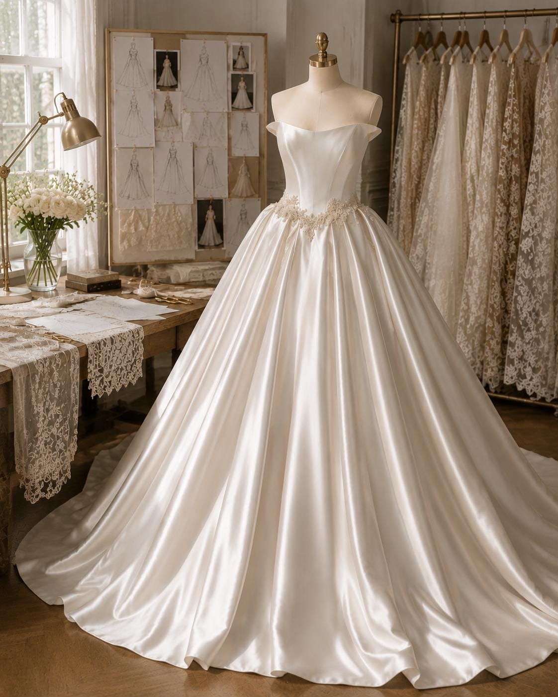 Ivory Satin Ball Gown Wedding Dress with Beaded Waist