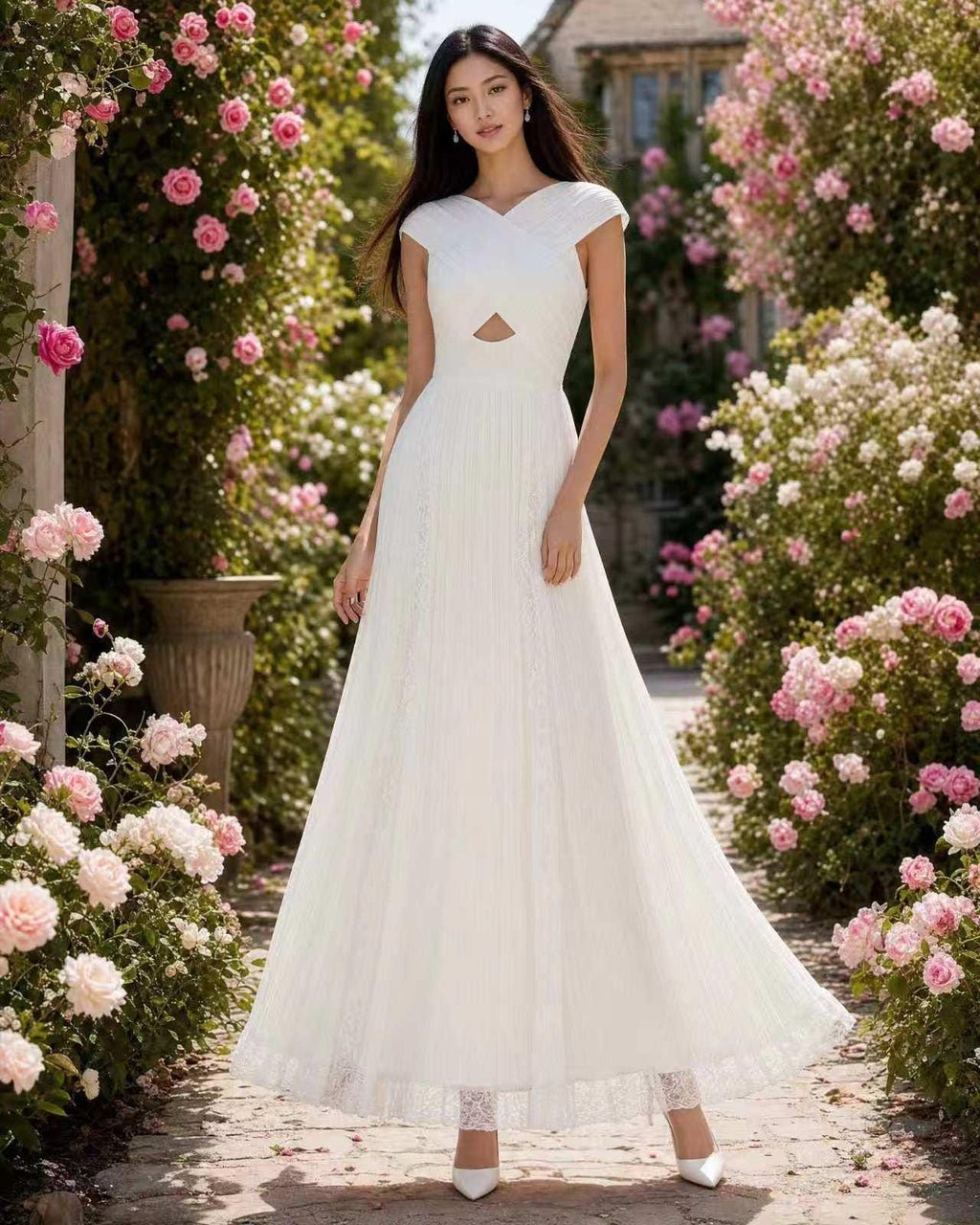 White Crossover Halter Pleated Maxi Dress