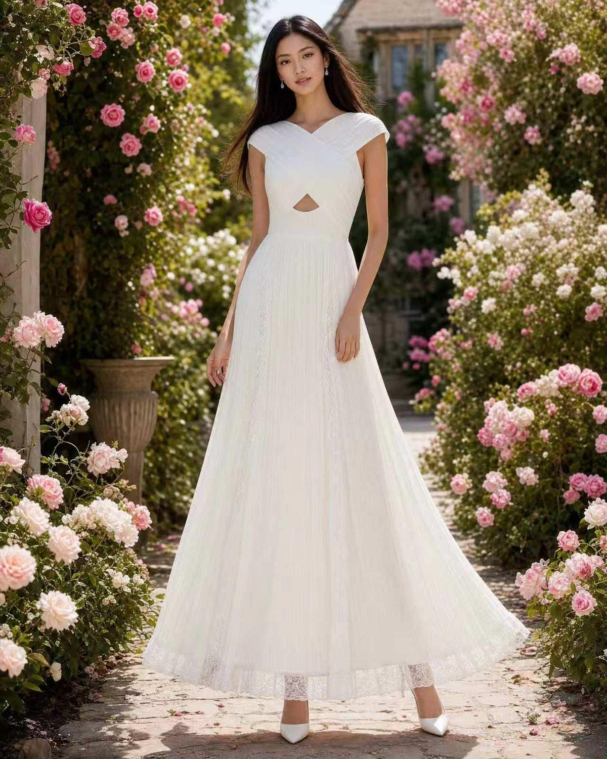 White Crossover Halter Pleated Maxi Dress
