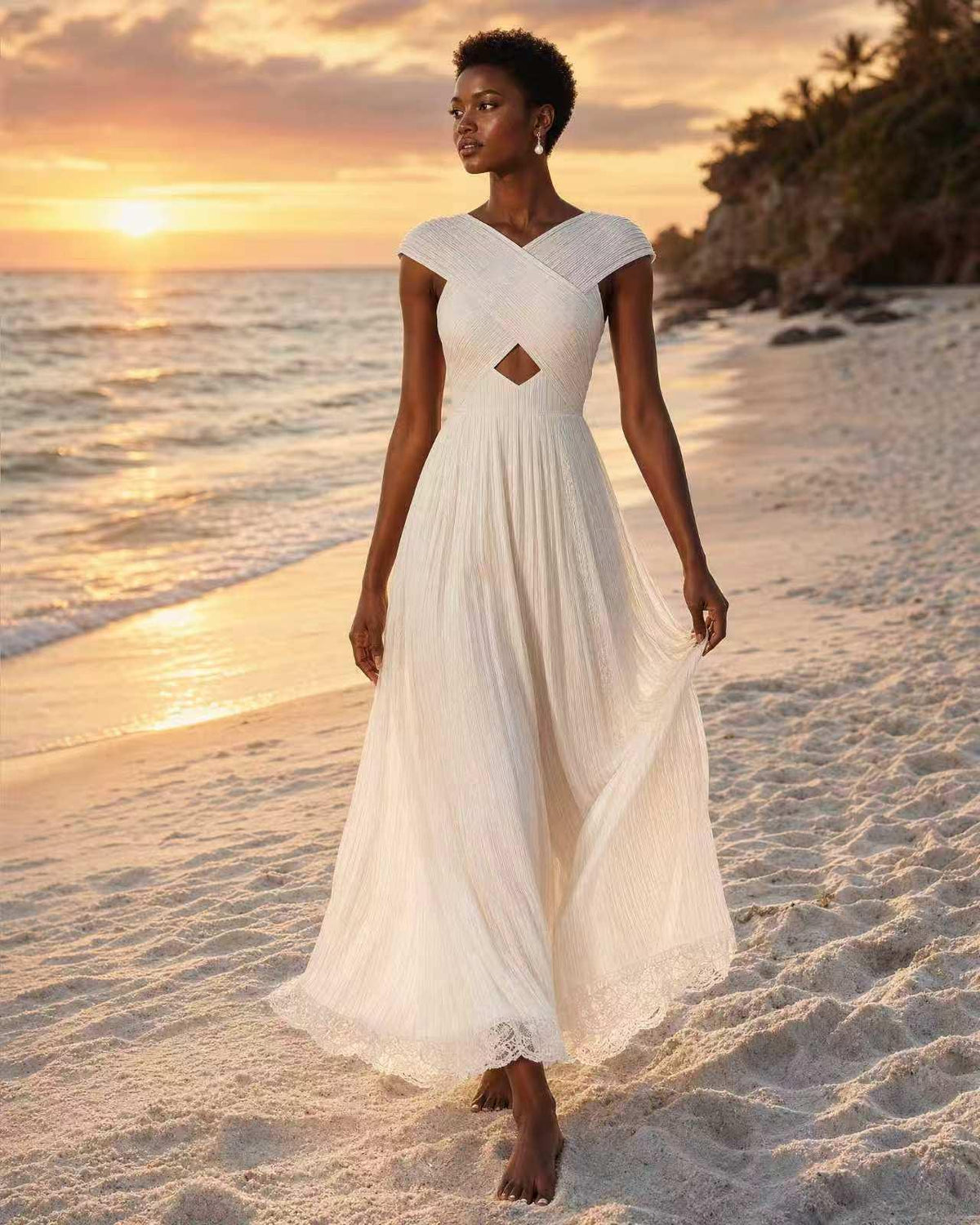 White Crossover Halter Pleated Maxi Dress