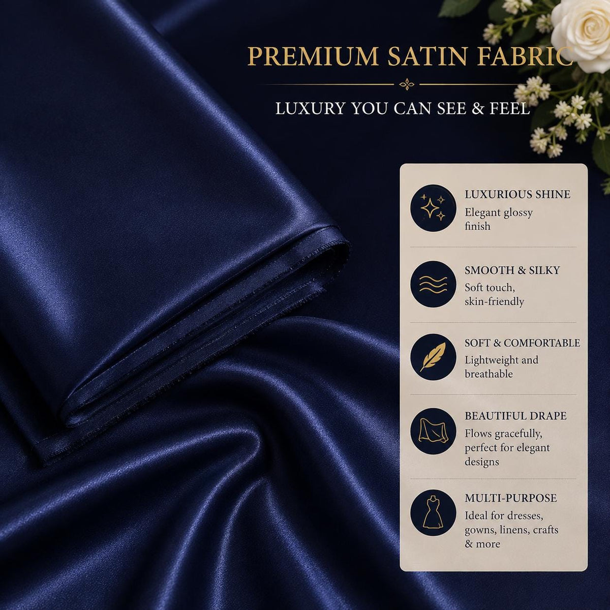 Navy Blue Satin Fabric by the Yard for Event Draping