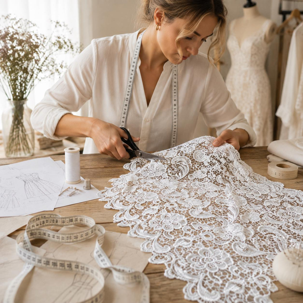 White Floral Guipure Lace Fabric by the Yard, Venice Lace Fabric, Bridal Wedding Dress Lace, Heavy Crochet Lace, Couture Sewing Fabric