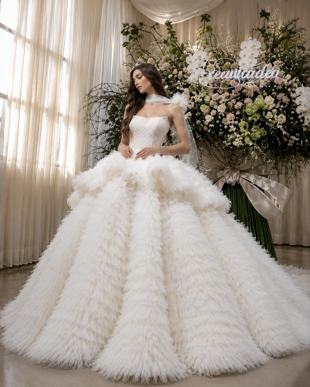 Ivory Strapless Corset Wedding Dress with Layered Skirt